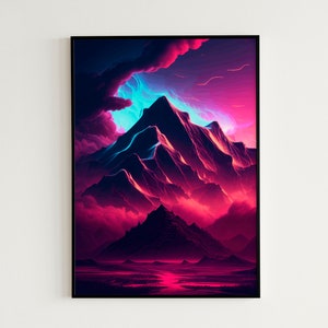 May include: A digital art print of a mountain range with a pink and blue sky. The mountains are dark and the sky is filled with clouds and streaks of light.