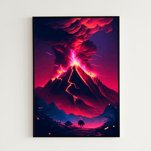 Vintage / Retro Digital Poster | Synthwave Volcano Eruption Landscape Printable Wall Art | Digital Instant Download