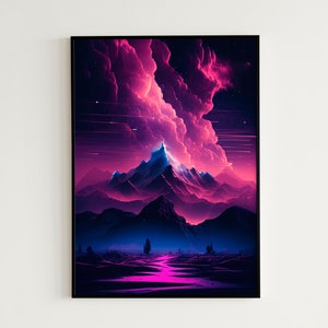 Puede incluir: Una impresión de arte digital que presenta una cordillera con un pico que llega a un cielo vibrante de color rosa y morado. El cielo está lleno de nubes y estrellas, creando una atmósfera surrealista y de ensueño.