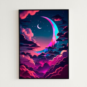 Könnte beinhalten: Ein digitaler Kunstdruck mit einem Halbmond in einem rosa, blauen und violetten Farbverlauf vor einem dunkelblauen Hintergrund mit rosa Wolken.