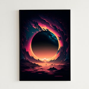Vintage / Retro Digital Poster / Synthwave Black Hole y Space Arte de pared imprimible / Descarga digital instantánea