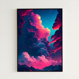 Könnte beinhalten: Ein digitaler Kunstdruck mit einem lebendigen, farbenfrohen Himmel mit rosa, blauen und gelben Wolken. Die Wolken sind übereinander geschichtet und erzeugen ein Gefühl von Tiefe und Bewegung. Der Himmel ist dunkelblau und die Wolken werden von einer hellen Lichtquelle beleuchtet. Der Druck ist in einem schwarzen Rahmen gerahmt.