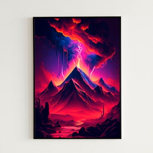Vintage / Retro Digital Poster | Synthwave Volcano Eruption Landscape Printable Wall Art | Digital Instant Download