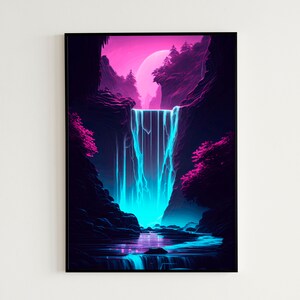 Vintage / Retro Digital Poster | Synthwave Mountain Waterfall Printable Wall Art | Digital Instant Download