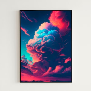 Könnte beinhalten: Ein digitaler Kunstdruck mit einer lebendigen, abstrakten Wolkenformation in Rosa-, Blau- und Lilatönen vor einem dunkelblauen Hintergrund.
