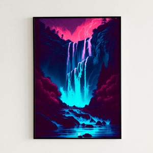 Vintage / Retro Digitales Poster | Synthwave Wasserfall Berg druckbare Wandkunst | Digitaler Sofort Download