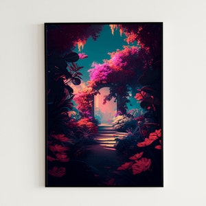Vintage / Retro Digital Poster | Synthwave Flower Garden Landscape Printable Wall Art | Digital Instant Download