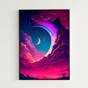 Vintage / Retro Digital Poster | Synthwave Cloudy Sky Crescent Moon Landscape Printable Wall Art | Digital Instant Download