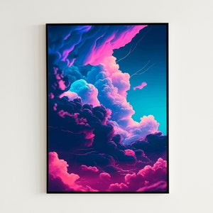 Könnte beinhalten: Ein digitaler Kunstdruck mit einem lebendigen, abstrakten Himmel mit rosa, blauen und violetten Wolken. Die Wolken sind geschichtet und texturiert und erzeugen so ein Gefühl von Tiefe und Bewegung.