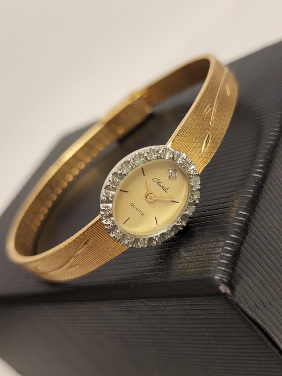 Vintage Glam Watch Gold Tone Chateu Quartz Small Womens Dress Watch With Frosted Bezel And Adjustable Bracelet Gift For Her Gift For Kids
