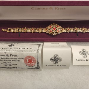 Vintage Jewelry Jacqueline Bouvier Kennedy Camrose & Kross Gold Tone Bracelet With Red Stones Faux Gift For Her