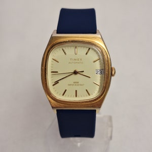 Retro Gold Watch Timex Automatic Watch With Date Window On Blue Silicone Strap