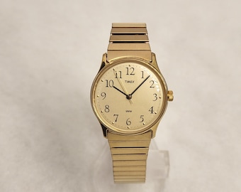 Retro Gold Timex Marlin Mechanical Manual Wind 1992 Timex On Gold Stretch Band 33mm Classic Dress Watch