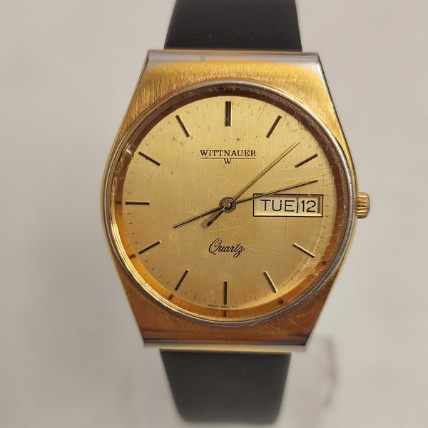 Vintage Wittnauer Watch Quartz Day Date With Black Faux Leather Strap