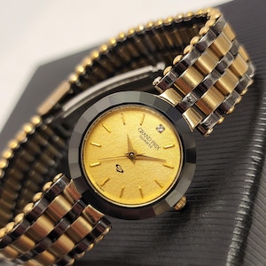 Retro Womens Watch Gold And Black Tone Grand Prix Quartz With Gold Tone Dial And Stone Marker Gift For Her