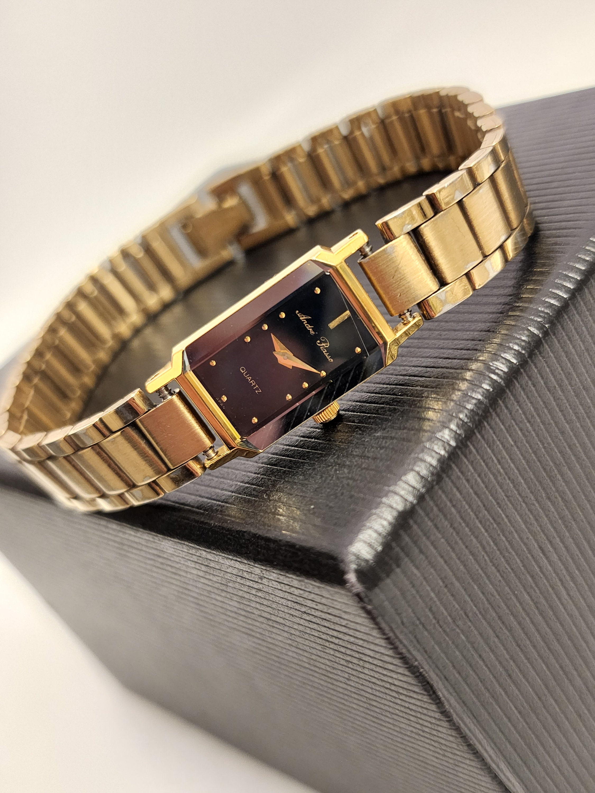 Vintage Gold Watch Womens Andrea Piasso Quartz Rectangular With Black Dial Reflective Crystal On Gold Tone Bracelet Gift For Her