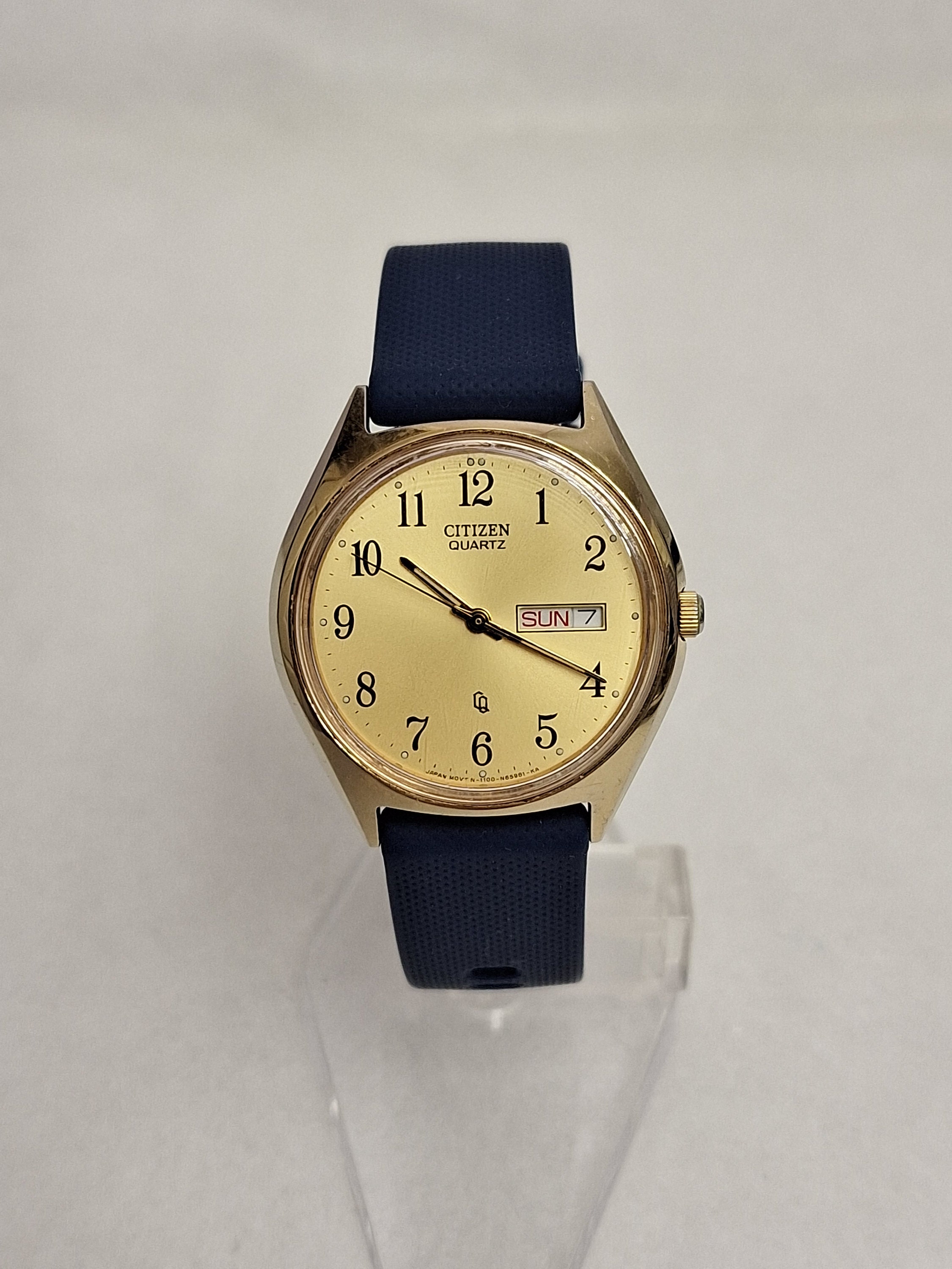 Vintage Gold Watch Citizen Quartz Timeless Watch CQ With Day Date Window on  Blue Silicone Strap 1100-S63812 Gift Idea - Etsy