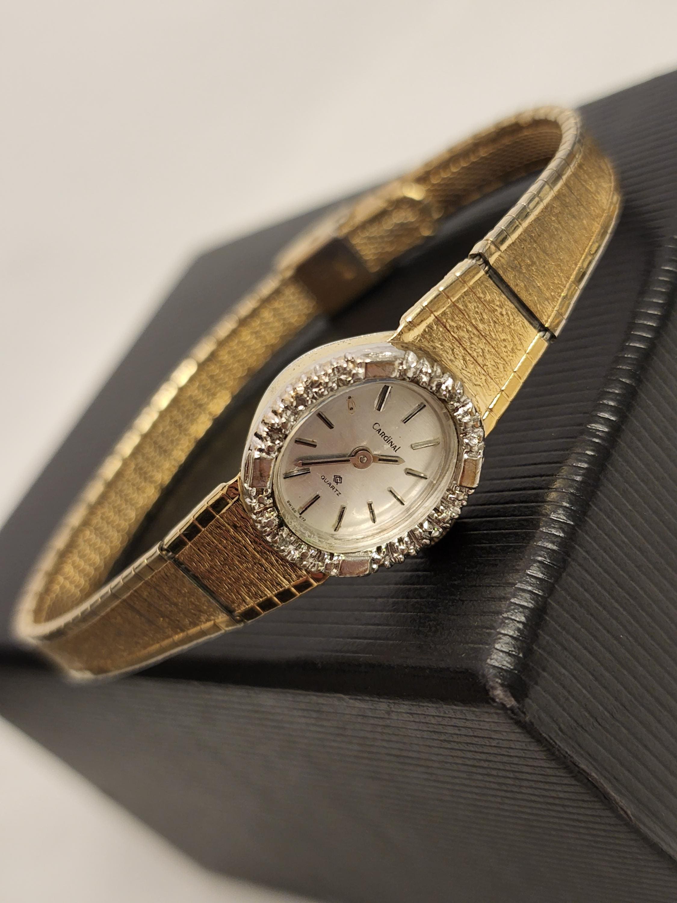 Retro Gold Tone Watch Cardinal Quartz Faux Diamond Style Bezel