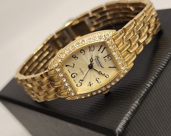 Retro Gold Womens Watch Precision By Gruen Quartz Tank Style With Faux Diamond Bezel Gift For Her