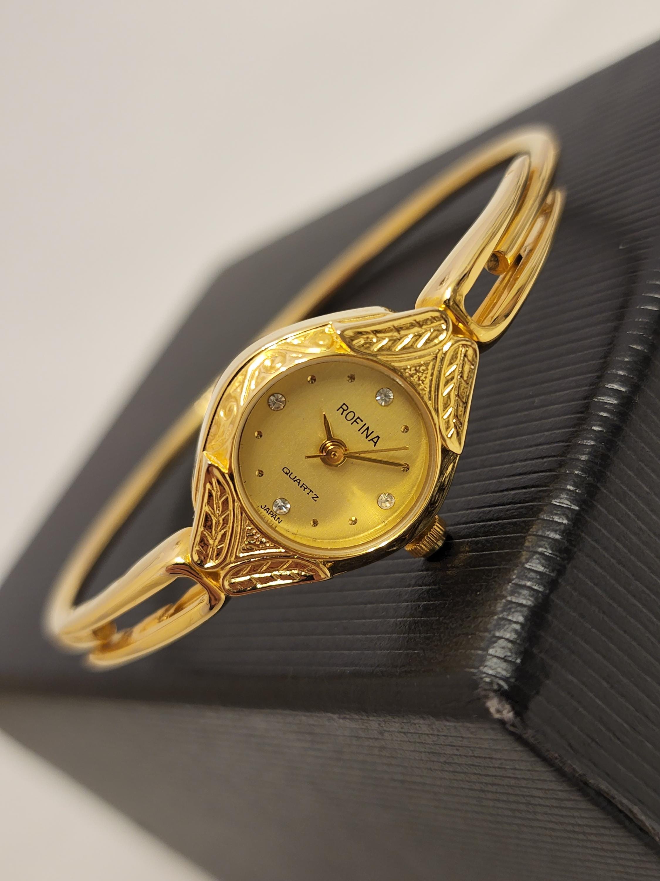 Vintage Womens Watch Gold Tone Rofina Quartz Bangle Watch 
