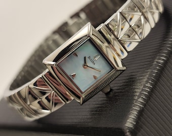 Retro Womens Watch Bulova Quartz With Blue Mother Of Pearl Dial Half Cuff Bracelet Style Gift For Her