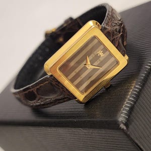 Vintage Womens Tank Watch Gold Plated Raymond Weil Quartz With Striped Dial On Dark Brown Leather Strap Gift For Her