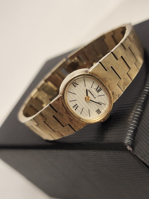 Vintage Womens Gold Watch Caravelle By Bulova Mechanical Manual Wind Watch With Ribbon Dial N6 1976 Gift For Her Classic 1970s Watch