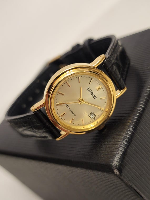 Classic Womens Dress Watch Lorus Quartz Retro Gold Watch On Black Leather Strap With Date Window Small Gold Tone Watch Gift For Her