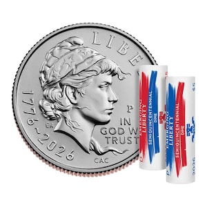 May include: A silver coin with a profile of a person wearing a cap, the words "LIBERTY" and "IN GOD WE TRUST" are visible. Two rolls of dimes are next to the coin, with red and blue brushstroke designs and the text "EMERGING LIBERTY SEMIQUINCENTENNIAL DIME".
