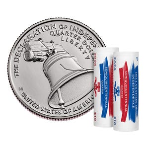May include: A silver-colored United States quarter coin featuring the Liberty Bell and the text The Declaration of Independence, alongside two white paper coin rolls labeled 2026 Semiquincentennial Quarter with red and blue brushstroke graphics.