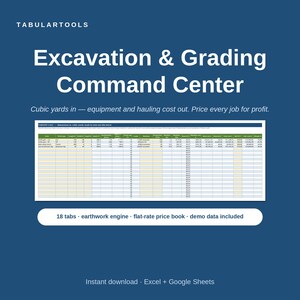 May include: A digital spreadsheet titled TabularTools Excavation & Grading Command Center. It features a table for calculating cubic yards, equipment, and hauling costs. The interface includes 18 tabs, an earthwork engine, a flat-rate price book, and demo data, compatible with Excel and Google Sheets.