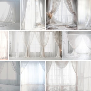 Digital Backdrops: 20x Breathtaking White Dreamy Sheer Curtain Backgrounds, Maternity Overlays, Studio Backdrops, Photoshop Effects