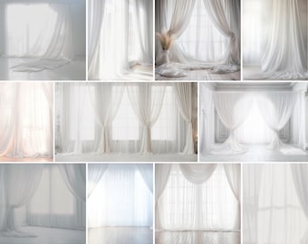 Digital Backdrops: 20x Breathtaking White Dreamy Sheer Curtain Backgrounds, Maternity Overlays, Studio Backdrops, Photoshop Effects