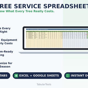 May include: A digital Tree Service Spreadsheet displayed on a laptop screen with text reading 1 Tree Service Spreadsheet, Know What Every Tree Really Costs, Price Every Job Right, True Equipment Hourly Costs, Storm-Ready Pricing, and Organize for Tax Season.