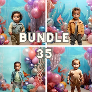 Underwater Mermaid Party Digital Backdrop - 35 JPEG Files for Balloons, Seashells, Fishes - Kid&#39;s Birthday Decorations - Instant Download