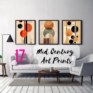 Mid Century Art Prints Set of 17, Neutral Modern Wall Art Decor, Minimalist Digital Prints, Boho Style Art Prints, Orange, Black Rainbows