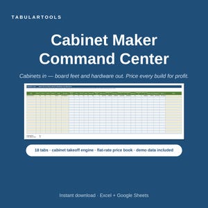 May include: A digital spreadsheet template titled Cabinet Maker Command Center by TabularTools. The interface features a blue background, a detailed data entry table for cabinet projects, and text listing 18 tabs, a cabinet takeoff engine, a flat-rate price book, and demo data included for Excel and Google Sheets.