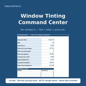 Window Tinting Command Center | Window Film Takeoff Calculator, Auto Tint Pricing and Excel Business Template