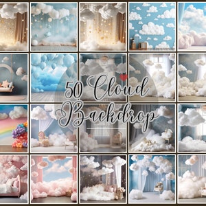 Digital Backdrops: 50x Breathtaking cloudy backdrops Boho Style, Fluffy Cloud, Maternity Overlays, Studio Backdrops, Photoshop Effects