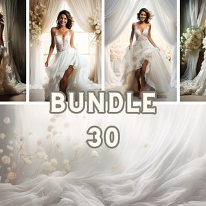 Digital Backdrops: 30x Breathtaking White Dreamy Sheer Curtain Backgrounds, Maternity Overlays, Studio Backdrops, Photoshop Effects
