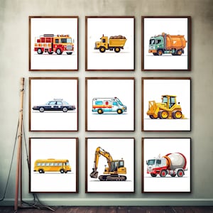 Construction Wall Art, Set of 9 Vehicle Prints Transportation Print Nursery, Kids Gallery Wall Set, Truck Wall Art, Nursery Truck Prints