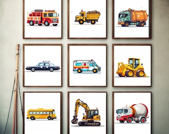 Construction Wall Art, Set of 9 Vehicle Prints Transportation Print Nursery, Kids Gallery Wall Set, Truck Wall Art, Nursery Truck Prints