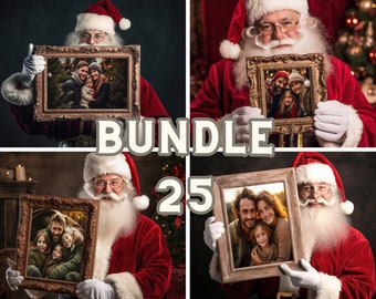 Santa Claus with Frame and Vintage Photobook: 25 Christmas Digital Backdrops - Digital Download Studio Backdrops, Photoshop Overlays