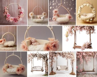 Digital Backdrop Bundle Set over 40 Beautiful Floral Swing with Light Colors Flowers and Soft Light Newborn Digital Background Newborn