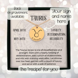 Personalized Zodiac Coin Necklace with Name, Custom Astrology Necklace with Traits and Funny Recipe Message Card, Astrological Gift for Her
