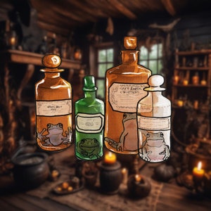 May include: Four glass bottles with cork stoppers and labels containing preserved frogs. The bottles are arranged on a wooden surface with a rustic background. The labels on the bottles read "Gran's Best Art", "Tay's Exotic Critters", and "Critters".