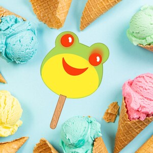 May include: A yellow frog popsicle with a red smile and eyes. The popsicle is on a blue background with ice cream cones and scoops of ice cream in various colors.