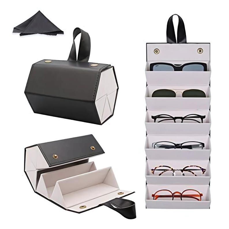 K&ouml;nnte beinhalten: Ein schwarz-wei&szlig;es Sonnenbrillenetui mit mehreren F&auml;chern und einem Griff. Das Etui wird geschlossen, ge&ouml;ffnet und mit Sonnenbrillen im Inneren gezeigt. Ein schwarzes Reinigungstuch ist ebenfalls enthalten.