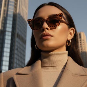 May include: Cat-eye sunglasses with a brown leopard print frame and tinted lenses. The sunglasses are worn with a beige turtleneck and coat. Gold hoop earrings are also visible.