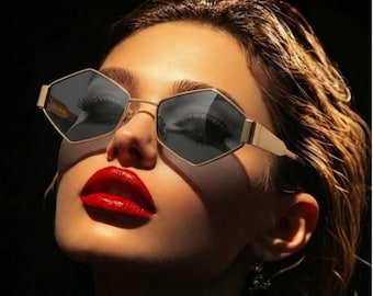 Geometric Sunglasses for Women | Gold Frame Black Lens Designer Inspired Statement Shades | Trendy UV Fashion Eyewear Summer | Gift for Her